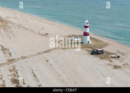 Aerial view of the lighthouse on orford ness, once weapons testing site, now national trust nature reserve. Stock Photo