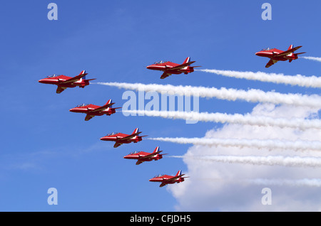 Red Arrows aerobatic team formation flypast at RAF Fairford, UK Stock Photo