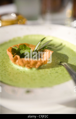 Cream of cilantro soup with a crisp tortilla cracker served at an outdoor cafe Stock Photo