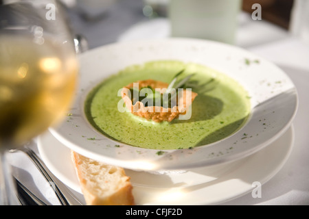 Cream of cilantro soup with a crisp tortilla cracker served at an outdoor cafe Stock Photo