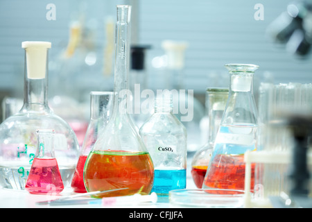 Image of empty glass flasks in laboratory Stock Photo