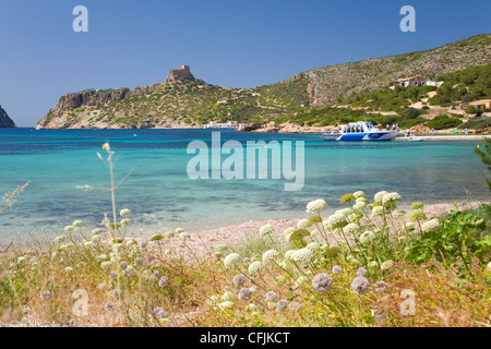 View across bay to the castle, Spain, Mediterranean, Europe Stock Photo
