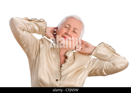 Cheerful relaxed senior woman stretching, isolated on white background. Stock Photo