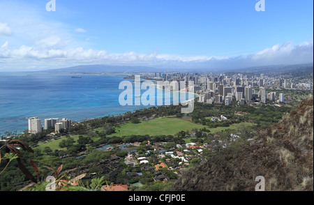 View of the city of Honolulu and surrounding area from the summit of Diamond Head Crater. Stock Photo