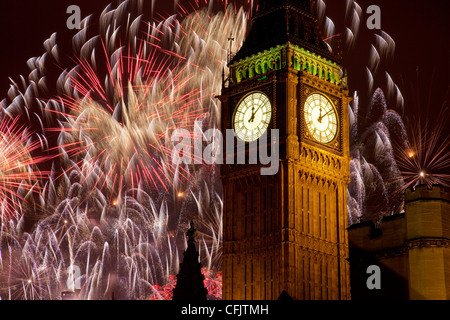 New Year fireworks and Big Ben, Westminster, London, England, United Kingdom, Europe Stock Photo