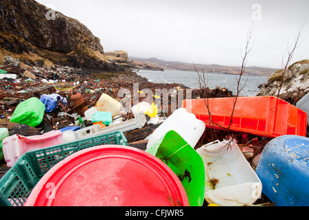 Plastic debris washed ashore at Ardtreck Bay on the Isle of Skye, Scotland, UK.