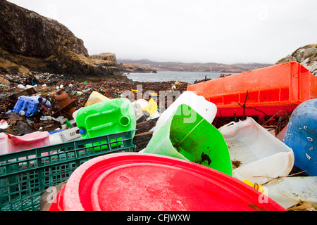 Plastic debris washed ashore at Ardtreck Bay on the Isle of Skye, Scotland, UK.