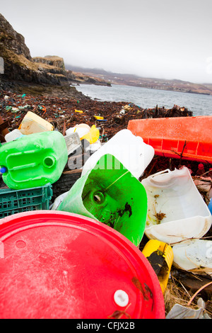 Plastic debris washed ashore at Ardtreck Bay on the Isle of Skye, Scotland, UK.