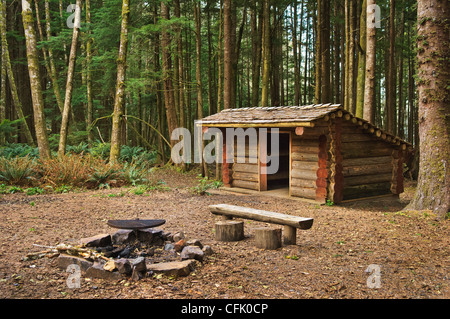 Hiker Camp on Oregon Coast Trail at Ecola State State Park on the northern Oregon coast. Stock Photo