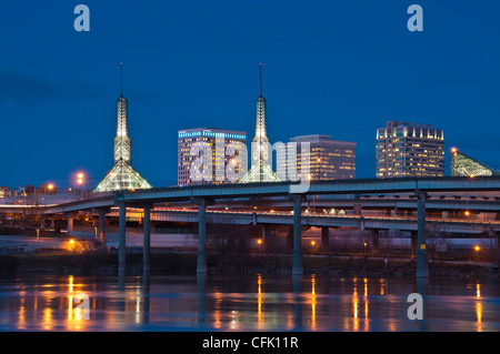 Convention Center, I-5 freeway and Willamette River at dusk, Portland, Oregon. Stock Photo