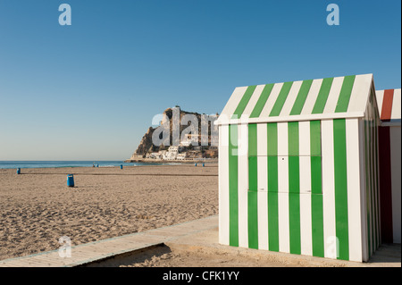 Beach huts on Benidorm beach, Costa Blanca, Spain Stock Photo