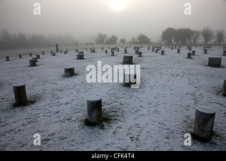 Woodhenge prehistoric neolithic monument in the snow near Stonehenge, Wiltshire Stock Photo