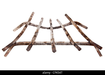 grunge fireplace iron grate with ash from wood burning, isolated on white Stock Photo