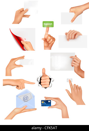 Set of hands holding different business objects. Vector illustration ...