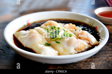 Rice noodle rolls with shrimps and soysauce Stock Photo