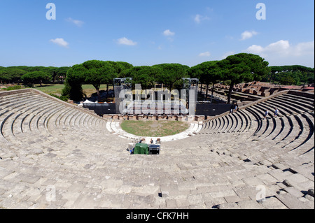 Ostia Antica. Lazio. Italy. View from the top of the restored Roman theatre built by Agrippa in the late first century AD and Stock Photo