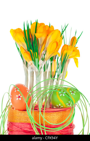 Easter eggs and spring crocuses in flower pot with bright decoration isolated on white background Stock Photo