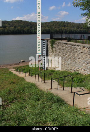 Flood on level marker Ohio River during before after water flooding scale CFKDEK Stock Photo