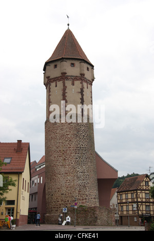 Old tower near Mainplatz at Wertheim, Germany (pointed tower, it leans) Stock Photo