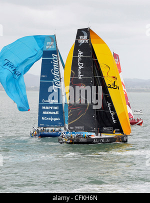 Yacht Camper leads Abu Dhabi and Telefonica during the 2012 Volvo Ocean Race Auckland In-port race, March 17 Stock Photo