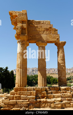 Agrigento. Sicily. Italy. View of the reconstructed northwest corner of the Temple of Castor and Pollux (Dioscuri) at the Stock Photo