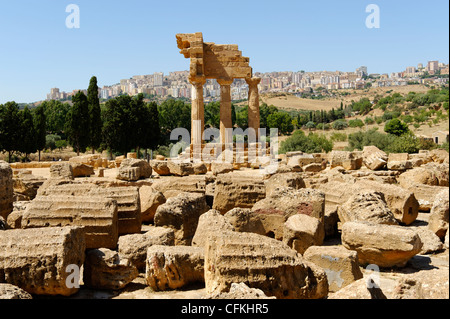 Agrigento. Sicily. Italy. View of the reconstructed northwest corner of the Temple of Castor and Pollux (Dioscuri) at the Stock Photo
