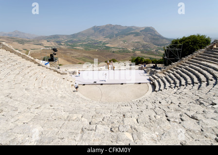 Segesta. Sicily. Italy. View from the rear of the Greek Theatre which stands on the highest part of the ancient city at about Stock Photo