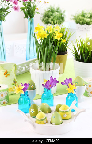 Place setting for Easter with daffodil and fresh green grass Stock Photo