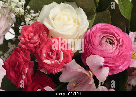 Bunch of Cut Flowers including red roses alstroemeria ranunculus gypsophila Stock Photo