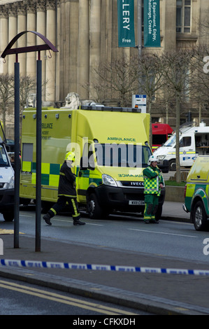 West Yorkshire Fire Service  and Ambulance service at a disaster training exercise in Leeds city center Stock Photo