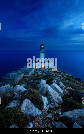 The lighthouse in Akrotainaron ('Cape Tainaron' or 'Cape Matapan') on the southernmost corner of Mani region, Peloponnese. Stock Photo