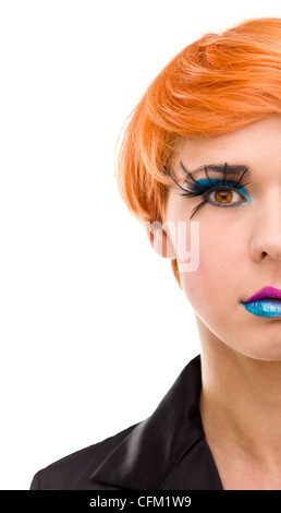 Half woman's face with crazy makeup. Focused on the eyes. Stock Photo