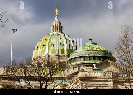 Closeup of green domes above Pennsylvania state capitol building or statehouse in Harrisburg Stock Photo