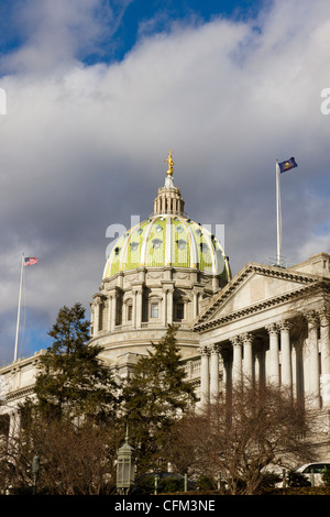 Closeup of green dome and front of Pennsylvania state capitol building or statehouse in Harrisburg Stock Photo