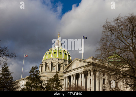 Green dome and front of Pennsylvania state capitol building or statehouse in Harrisburg Stock Photo