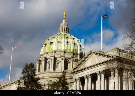Closeup of green dome and front of Pennsylvania state capitol building or statehouse in Harrisburg Stock Photo