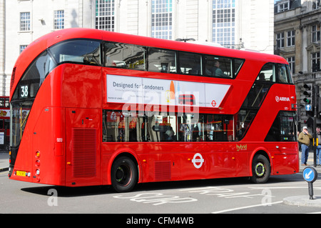 New 2012 London red double decker public transport bus variously referred to as a Routemaster or Boris bus Piccadilly Circus England UK Stock Photo