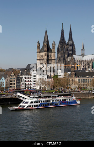 Church of Great Saint Martin and Cathedral, seen across the River Rhine, Cologne, North Rhine Westphalia, Germany, Europe Stock Photo