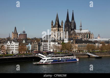 Church of Great Saint Martin and Cathedral, seen across the River Rhine, Cologne, North Rhine Westphalia, Germany, Europe Stock Photo