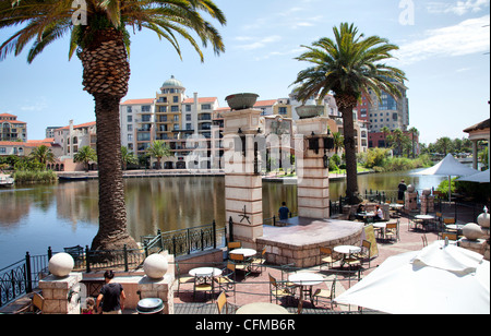 Canal Walk Terrace at Century City in Cape Town overlooking 'islands' at Halfmoon Bay Stock Photo