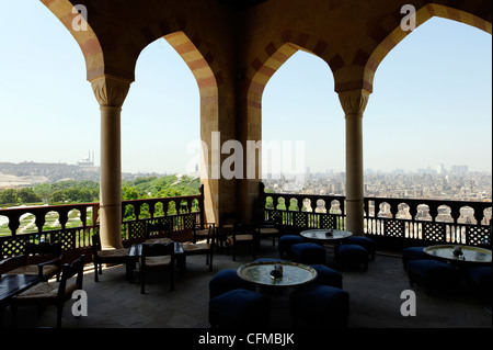 Cairo. Egypt. Panoramic view of Cairo and the citadel from the oriental designed Alain Le Notre Patisserie at Al-Azhar Park Stock Photo