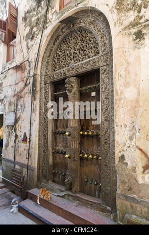 Old ornate arabic door in Stone Town Zanzibar Tanzania Stock Photo