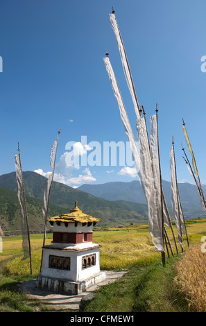 Chorten and prayer flags in the Punakha Valley near Chimi Lhakhang Temple, Punakha, Bhutan, Himalayas, Asia Stock Photo