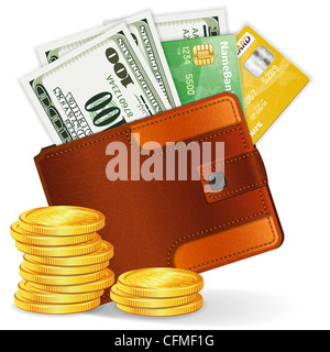 Leather Wallet with Dollars, Credit Cards and Coins, high detailed vector illustration Stock Photo