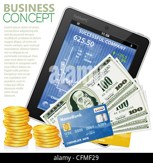 Financial Concept with Tablet PC (Stock Market Application), Dollar Bills, Credit Cards and Coins, vector Stock Photo