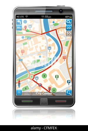 Application of GPS Navigation map on smartphone with Red, blue, and ...