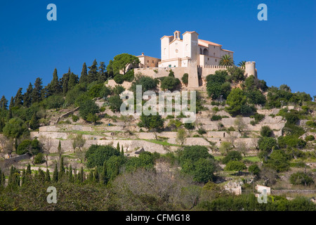 View to the hilltop Sanctuary of Sant Salvador, Arta, Mallorca, Balearic Islands, Spain, Europe Stock Photo