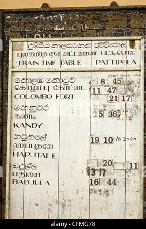 Timetable for the Colombo to Badulla train at Pattipola, highest railway station in Sri Lanka, 1892m, Pattipola, Sri Lanka, Asia Stock Photo