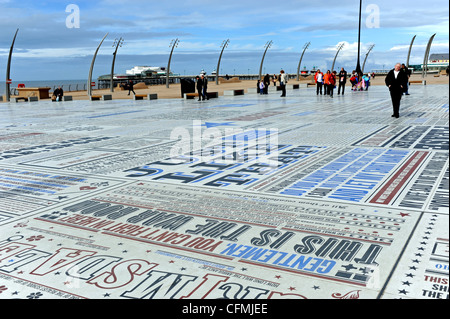 The Comedy Carpet on Blackpool seafront an art installation by Gordon Young containing the names and famous phrases of comics Stock Photo