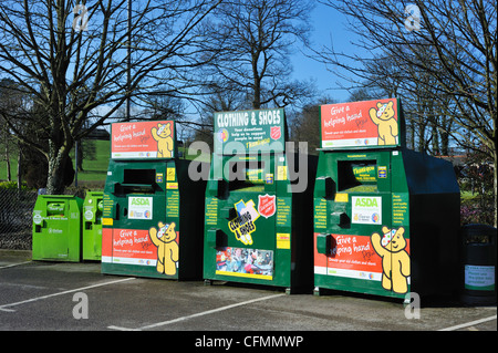 Clothing and shoes recycling bank. ASDA Supermarket, Burton Road, Kendal, Cumbria, England, United Kingdom, Europe. Stock Photo